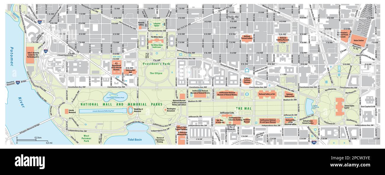 Straßenkarte der National Mall in Washington DC, USA Stockfoto