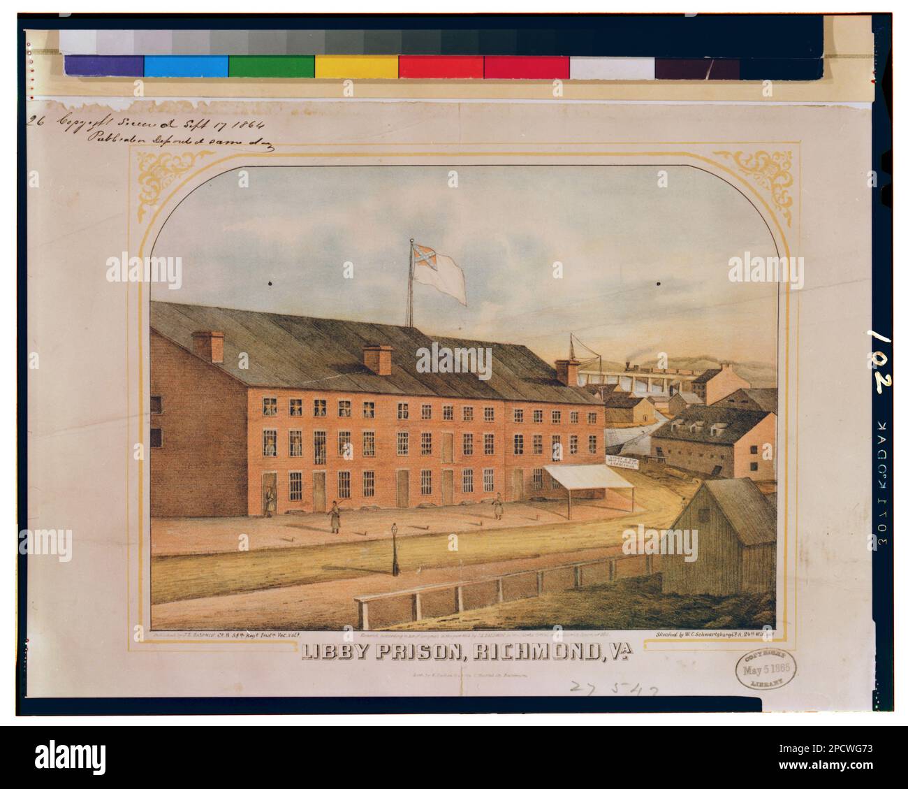 Libby Prison, Richmond, Virginia / skizziert von W.C. Schwartzburg, Co A, 24. Wisvol Lilie. Von E. Sachse & Co. 104 S. Charles St. Baltimore.. Beliebte Ablageserie für grafische Kunstdrucke. Libby Gefängnis, 1860-1870, Gefängnisse, Virginia, Richmond, 1860-1870, Usa, Geschichte, Bürgerkrieg, 1861-1865, Haftanstalten. Stockfoto