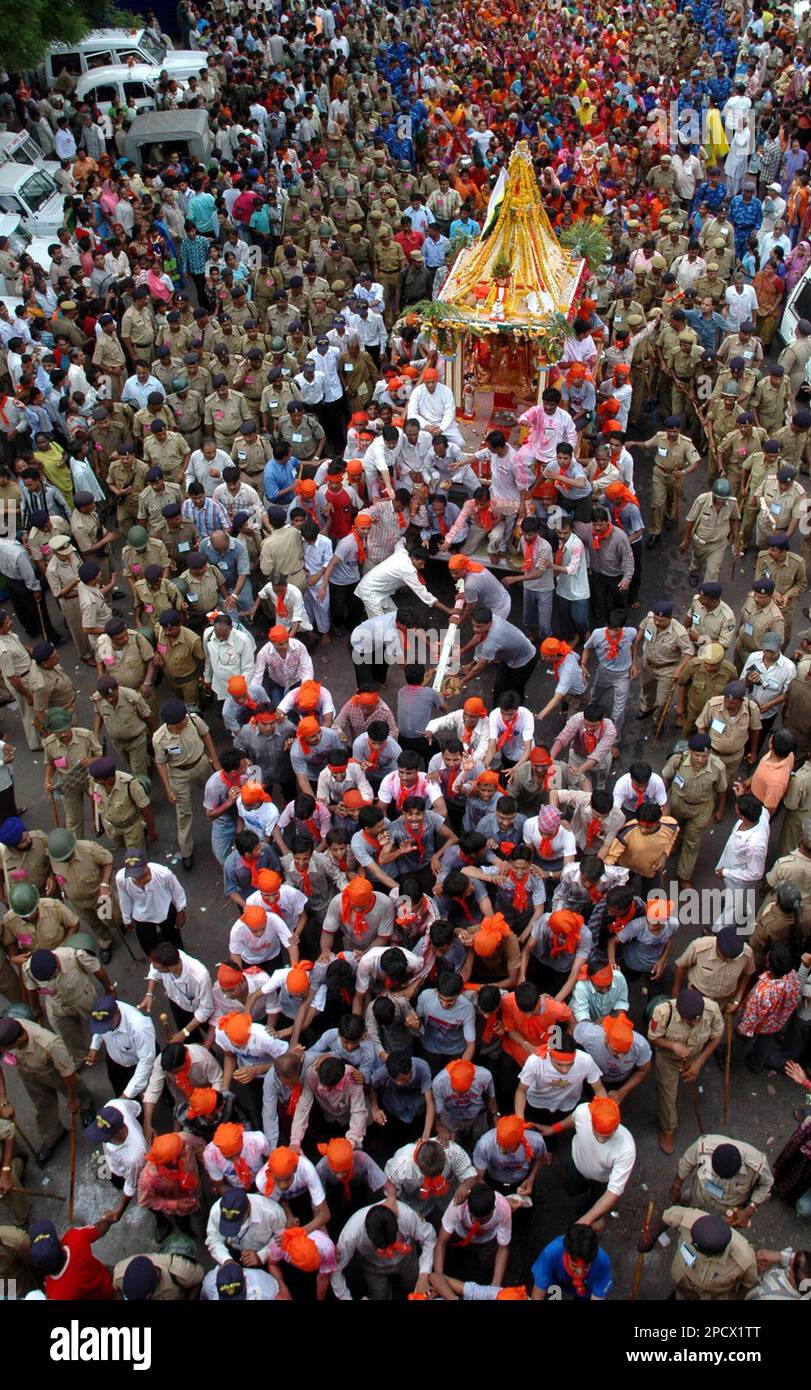 Santa Rath Devotees pull a chariot during the 129th annual Jagannath Rath Yatra ...