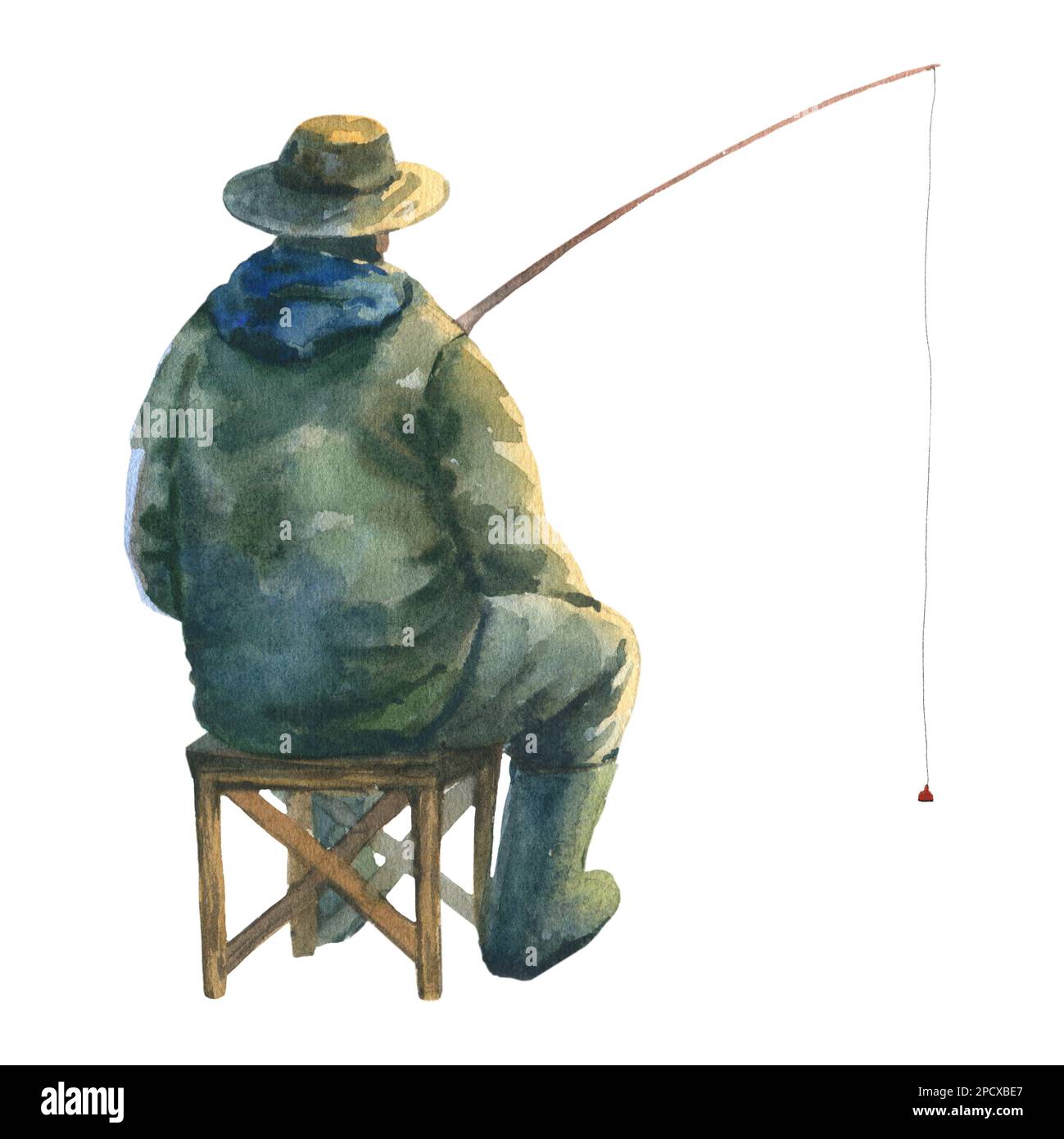 Angler mit Angelrute auf weiem Hintergrund, Aquarellbild. Angelrute in der  Hand. Fish Fangen. Hobby-Angeln. Ein Fischer sitzt auf einem Stuhl w  Stockfotografie - Alamy