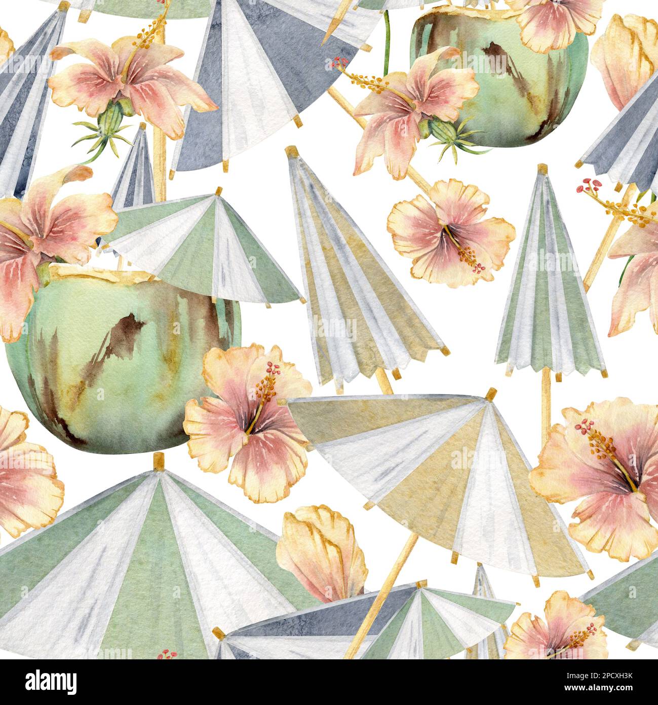 Handgezeichneter, wässriger Kokosnuss-Cocktail mit Papierschirm und Hibiskus. Nahtloses Muster. Isoliert auf weißem Hintergrund. Wandbild, Hochzeit, Druck Stockfoto