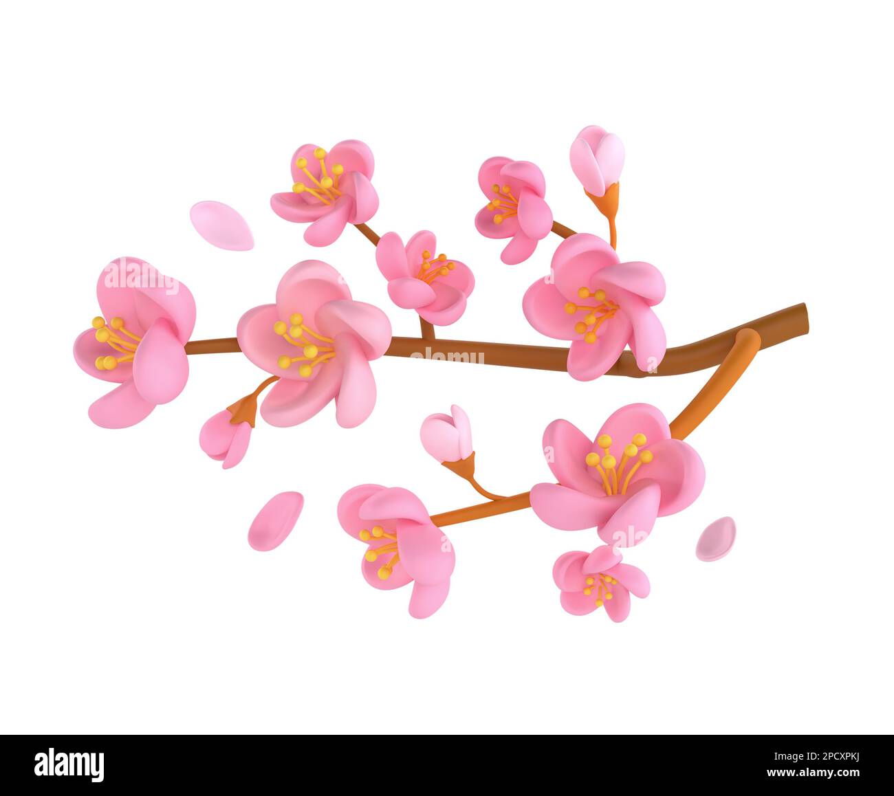 3D Symbol Darstellung der Zweigstelle Kirschblüte Sakura mit Frühling. Einfache und süße Blütenblätter isoliert auf weißem Hintergrund mit Schnittpfad Stockfoto