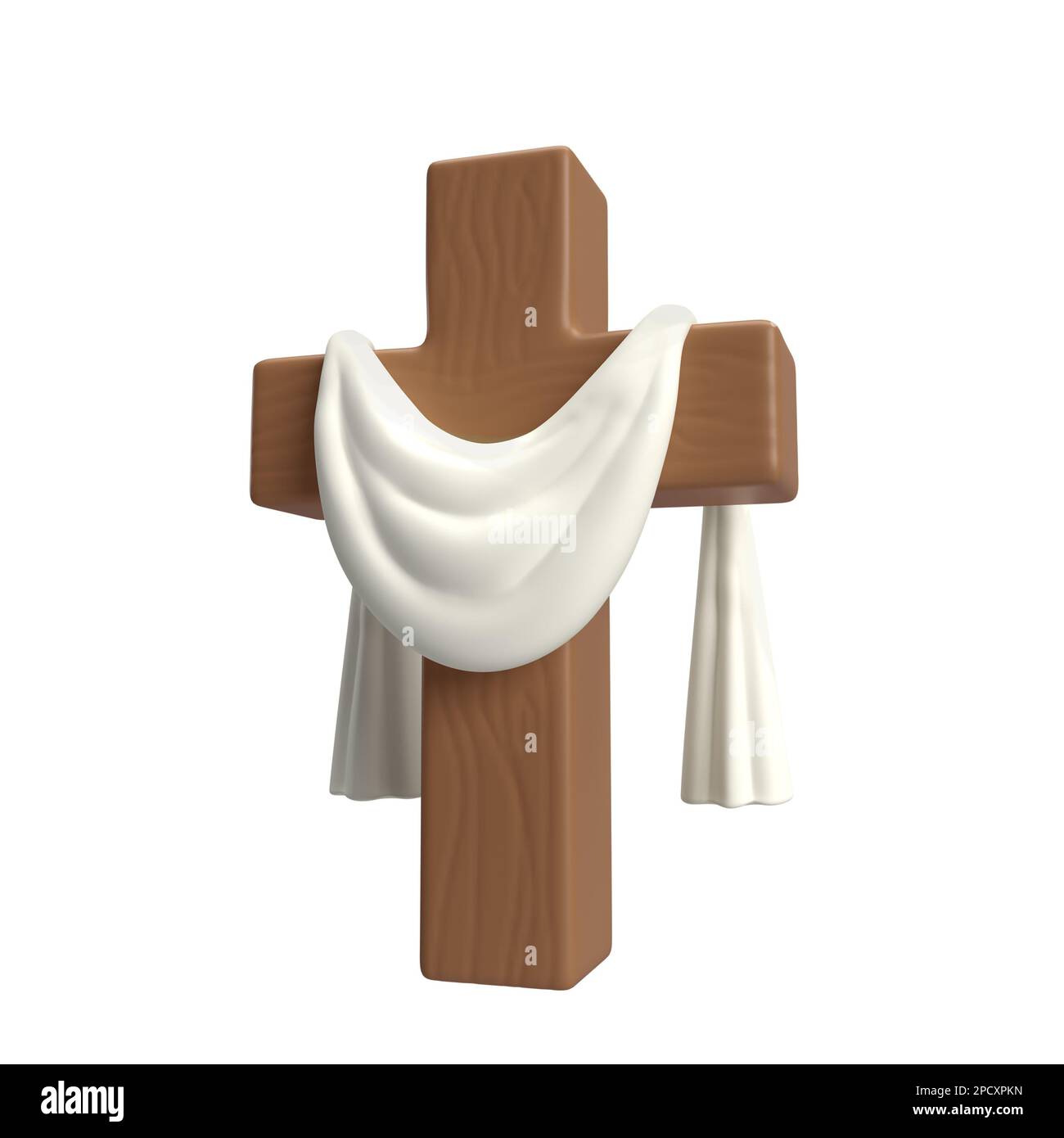 3D Ikone Holzkreuz mit weißem Stoff, Symbol der Auferstehung Jesu Christi. Er ist auferstanden. Osterwiederauferstehungsillustrierung. Die Schrift Stockfoto