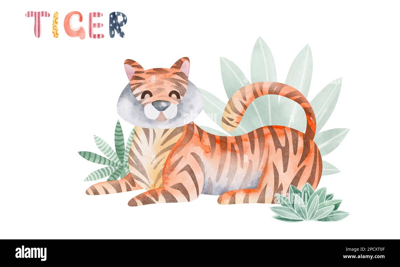Aquarelle Illustration Tiger. Kinderdarstellung eines afrikanischen Tieres. Buchzeichnung. Stockfoto