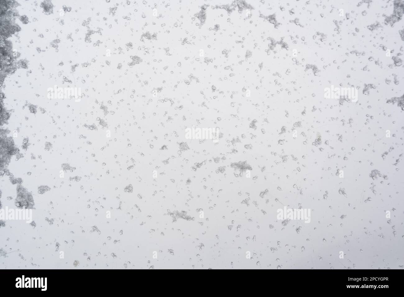 Mit Schneereis bedeckte Glasscheibe Stockfoto