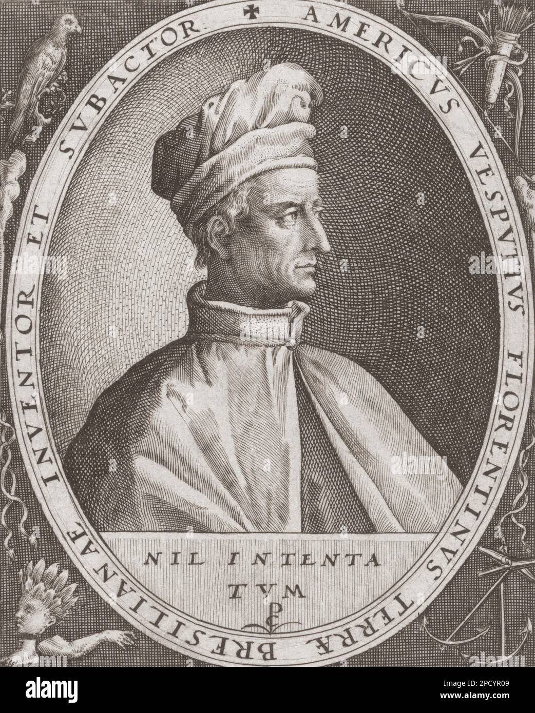 Amerigo Vespucci 1454 - 1512, alias Americus Vespucius oder Américo Vespucio. Italienischer Forscher und Kartograf. Der Kontinent Amerikas ist nach ihm benannt. Nach einer Arbeit von Crispijn van de Passe. Stockfoto