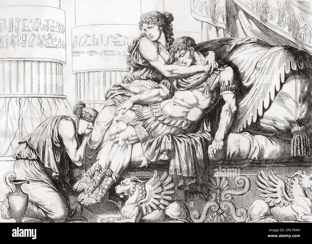Marc Antony stirbt in Kleopatras Armen, nachdem er sich mit seinem Schwert erstochen hat. Nach einem Werk aus dem 19. Jahrhundert von Bartolomeo Pinelli. Stockfoto