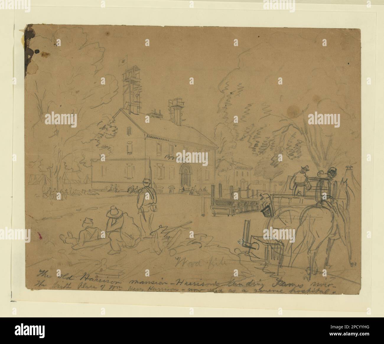 Die alte Harrison Villa--Harrisons Landung James River. Der Titel ist unter dem Bild eingraviert, möglicherweise von William Waud, unter dem Titel: Der Geburtsort von WM. Henry Harrison wurde jetzt als allgemeines Krankenhaus benutzt. Unten in der Mitte eingraviert: Holzstapel. Inschrift in House: Brick, ähnliches Bild veröffentlicht in: New York Illustrated News, 16 August 1862, S. 236, Quelle unbekannt. Usa, Geschichte, Bürgerkrieg, 1861-1865, Kommunikation, Harrison, William Henry, 1773-1841, Homes & Haunts, USA, Geschichte, Bürgerkrieg, 1861-1865, Militärleben, Vereinigte Staaten, Geschichte, Bürgerkrieg, 1861-1865, Medical aspe Stockfoto