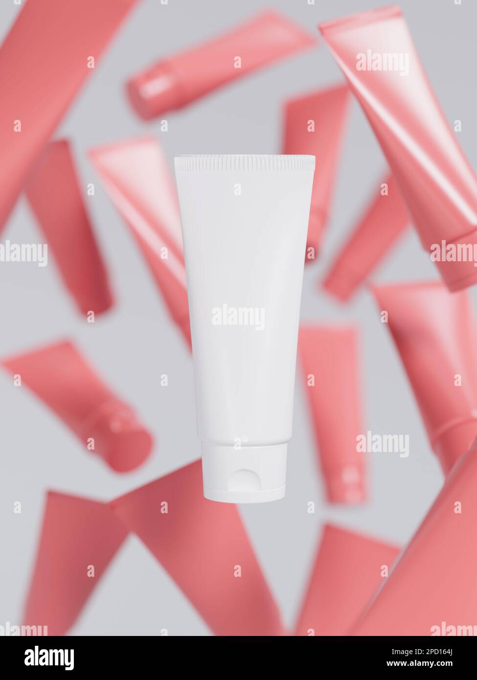 Kosmetische Creme Tube schwimmt auf abstrakten Unschärfe-Hintergrund, Beauty- und Pflegeprodukte-Präsentation Stockfoto