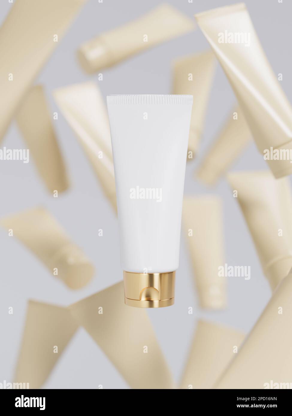 Kosmetische Creme Tube schwimmt auf abstrakten Unschärfe-Hintergrund, Beauty- und Pflegeprodukte-Präsentation Stockfoto