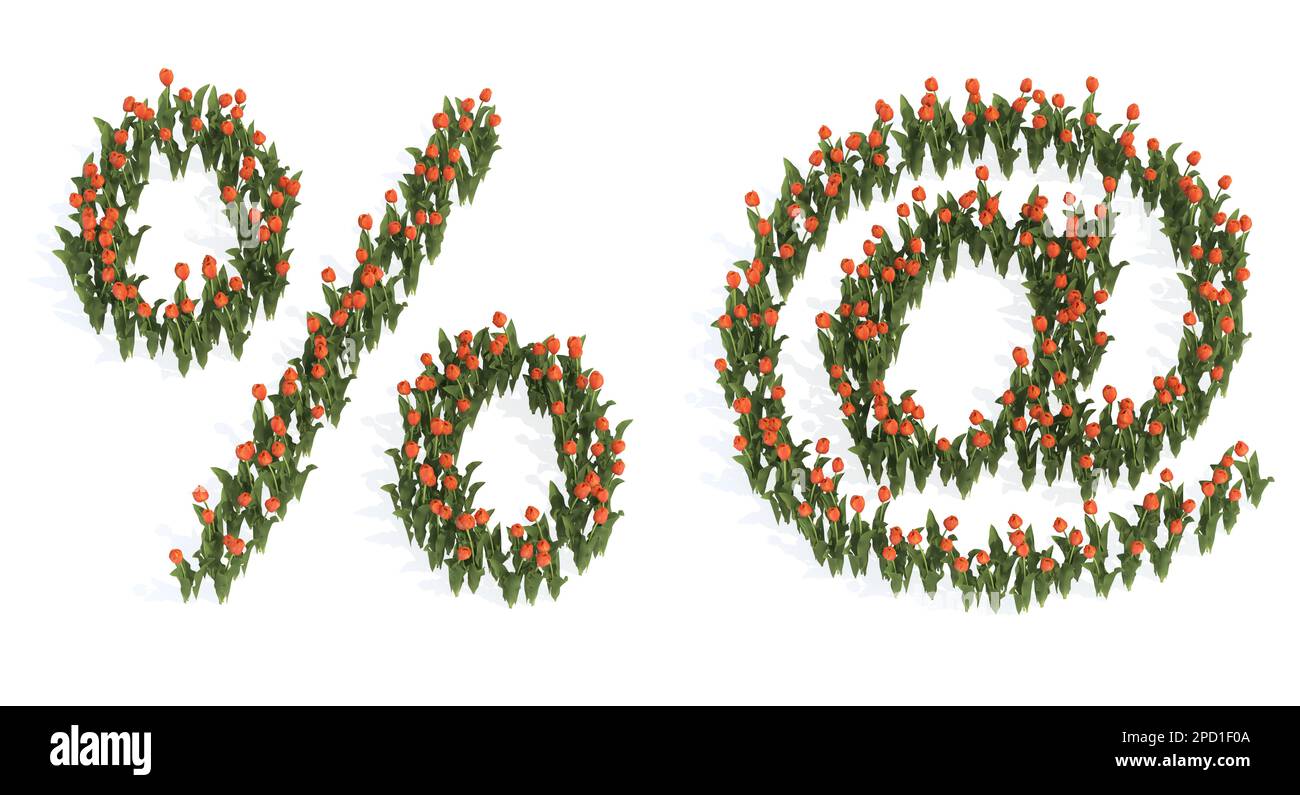 Konzept oder konzeptionelle Gruppe wunderschöner blühender Tulpenbouquets, die das %- und At-Zeichen bilden. 3D-Metapher für Bildung, Design und Dekoration Stockfoto