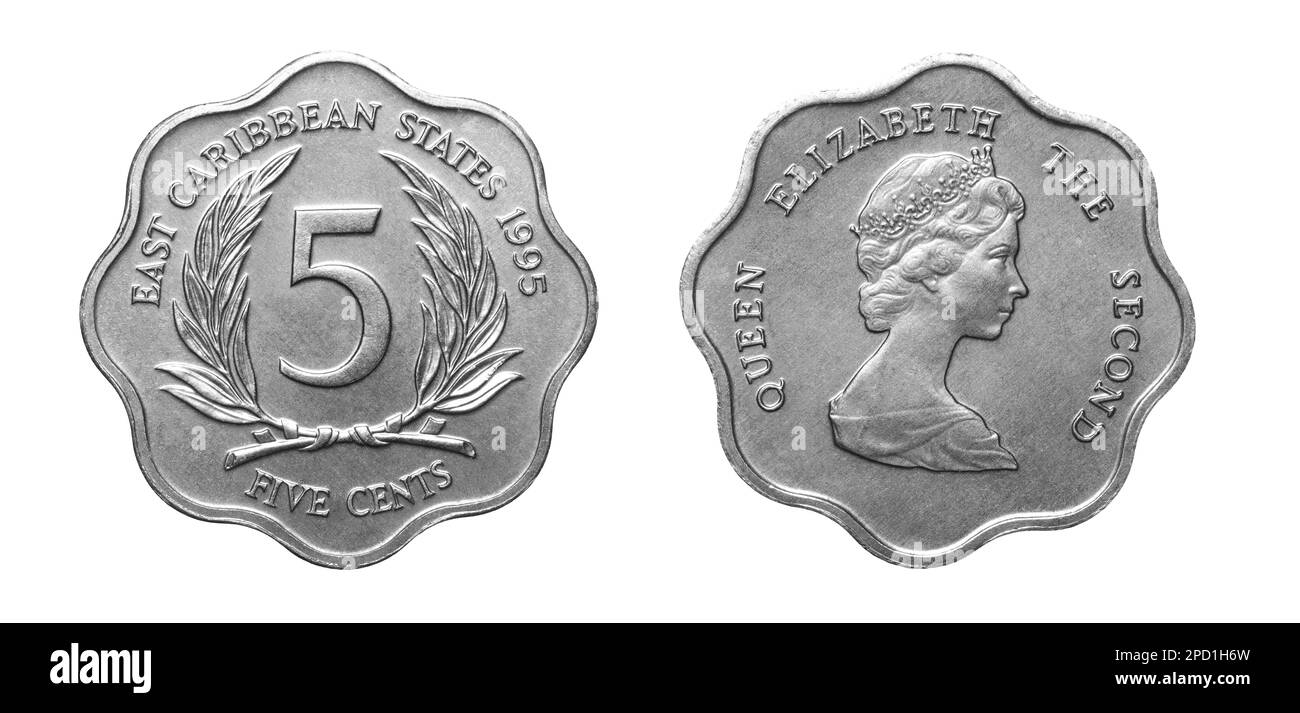 Umkehrmünze von 1995 5 Cent Aluminium-ostkaribik-Staaten, isoliert auf weißem Hintergrund Stockfoto