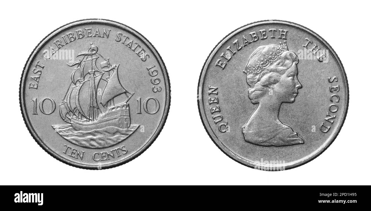 Umkehrung und Umkehrung von 1993 10 Cent Cupronickel ostkaribische Staaten Münzen isoliert auf weißem Hintergrund Stockfoto