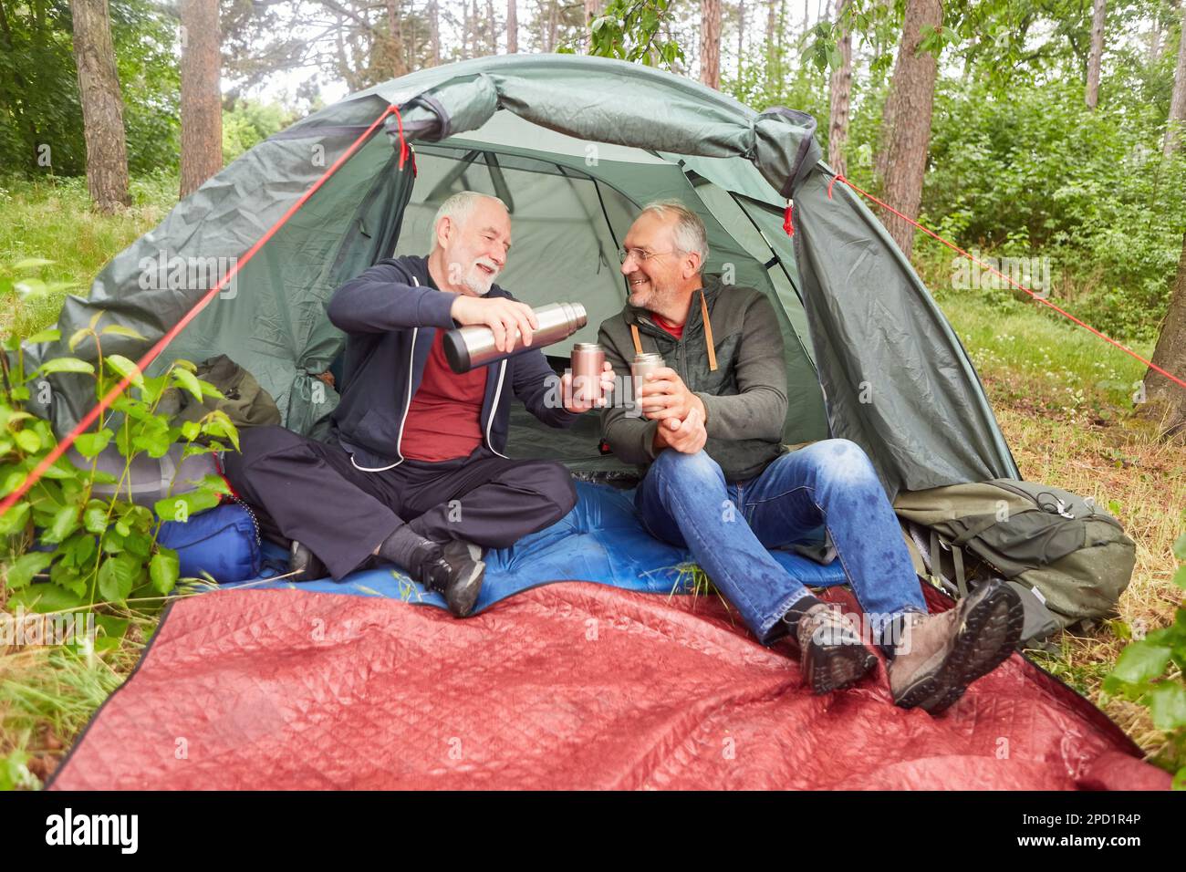 Lächelnder älterer Mann, der Tee von einem männlichen Freund im Campingzelt während des Urlaubs im Wald eingießt Stockfoto