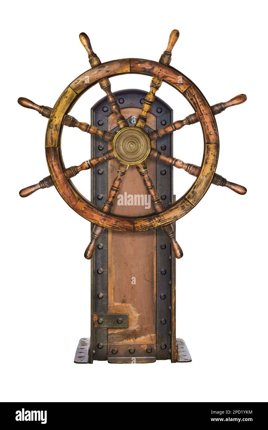 Vintage Holzschiff Lenkrad isoliert auf einem weißen Hintergrund Stockfoto