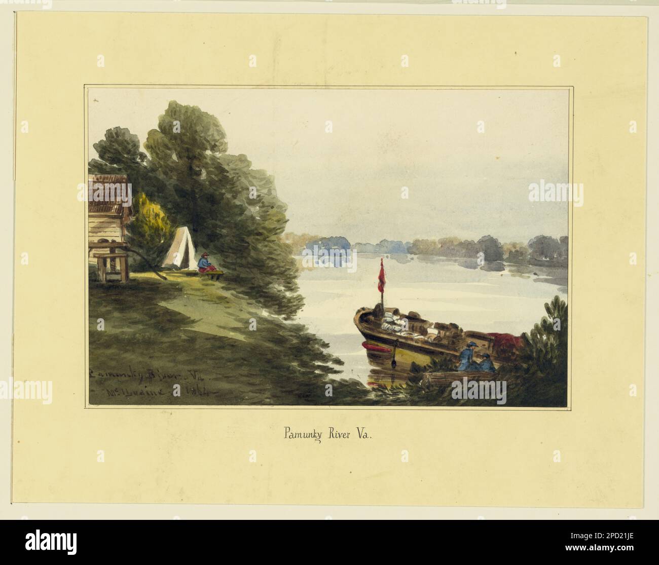 Pamunky, z. B. Pamunkey River Virginia. Unten links: Pamunky River, Va. McIlvaine 1864, für weitere Ausblicke auf den Pamunkey River von McIlvaine, siehe DRWG/US, McIlvaine, No 1, 3 und 4 (Größe AA), Geschenk; Ladies Mount Vernon Association; 1935; (DLC/PP-1935:19). Boote, Virginia, 1860-1870, Soldaten, Union, Virginia, 1860-1870, Pamunkey River (Virginia), 1860-1870, Vereinigte Staaten, Geschichte, Bürgerkrieg, 1861-1865, Vereinigte Staaten, Virginia, Pamunkey River Stockfoto