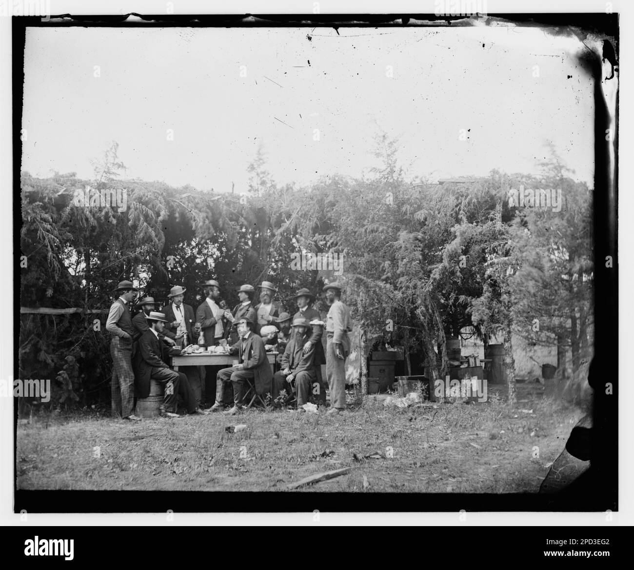 Petersburg, Virginia. Gruppe im Quartier des Telegraphic Corps. Hauptquartier, Armee des Potomac. Bürgerkriegsfotos, 1861-1865. Usa, Geschichte, Bürgerkrieg, 1861-1865. Stockfoto