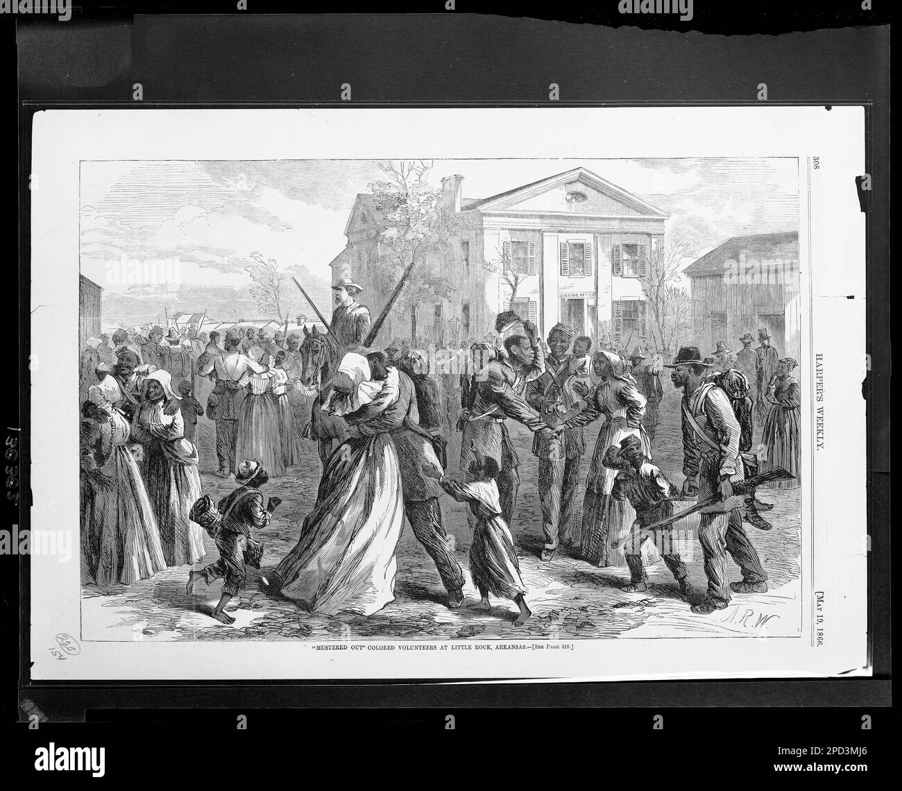 "Mustered out" farbige Freiwillige in Little Rock, Arkansas / A.R.W.. Titel von Posten, unterzeichnet in Block A.R.T., rechts unten, Illus. In: Harper's Weekly, v. 10, no 490 (1866. Mai 19), S. 308. Afroamerikaner, Militärdienst, 1860-1870, USA, Geschichte, Bürgerkrieg, 1861-1865, militärische Demobilisierung. Stockfoto