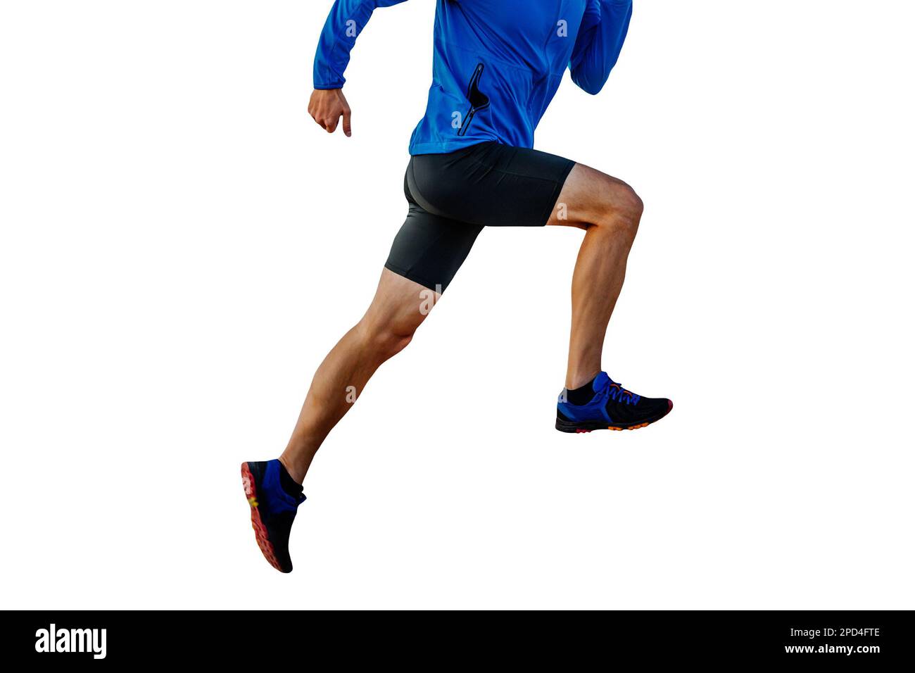 Männlicher Läufer in blauer Windjacke und schwarzen Strumpfhosen, die bergauf laufen, geschnittene Silhouette auf weißem Hintergrund, Sportfoto Stockfoto