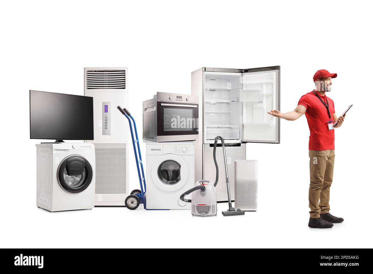 Verkäufer von Haushaltsgeräten präsentiert elektrische Geräte isoliert auf weißem Hintergrund Stockfoto