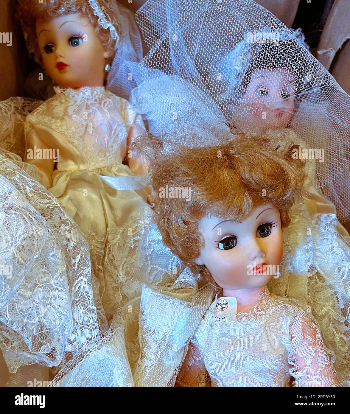 Eine Sammlung wunderschöner Vintage-Puppen in Brautkostümen Stockfoto