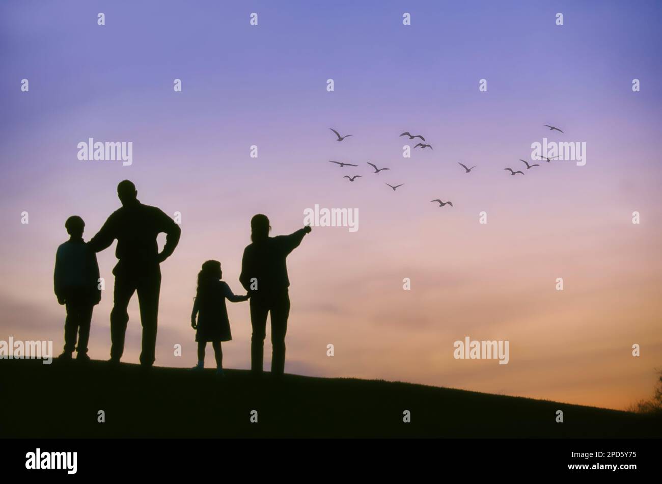 Silhouette einer vierköpfigen Familie, die eine Schar Vögel beim Summer Sunset Sensor 123 beobachtet Stockfoto