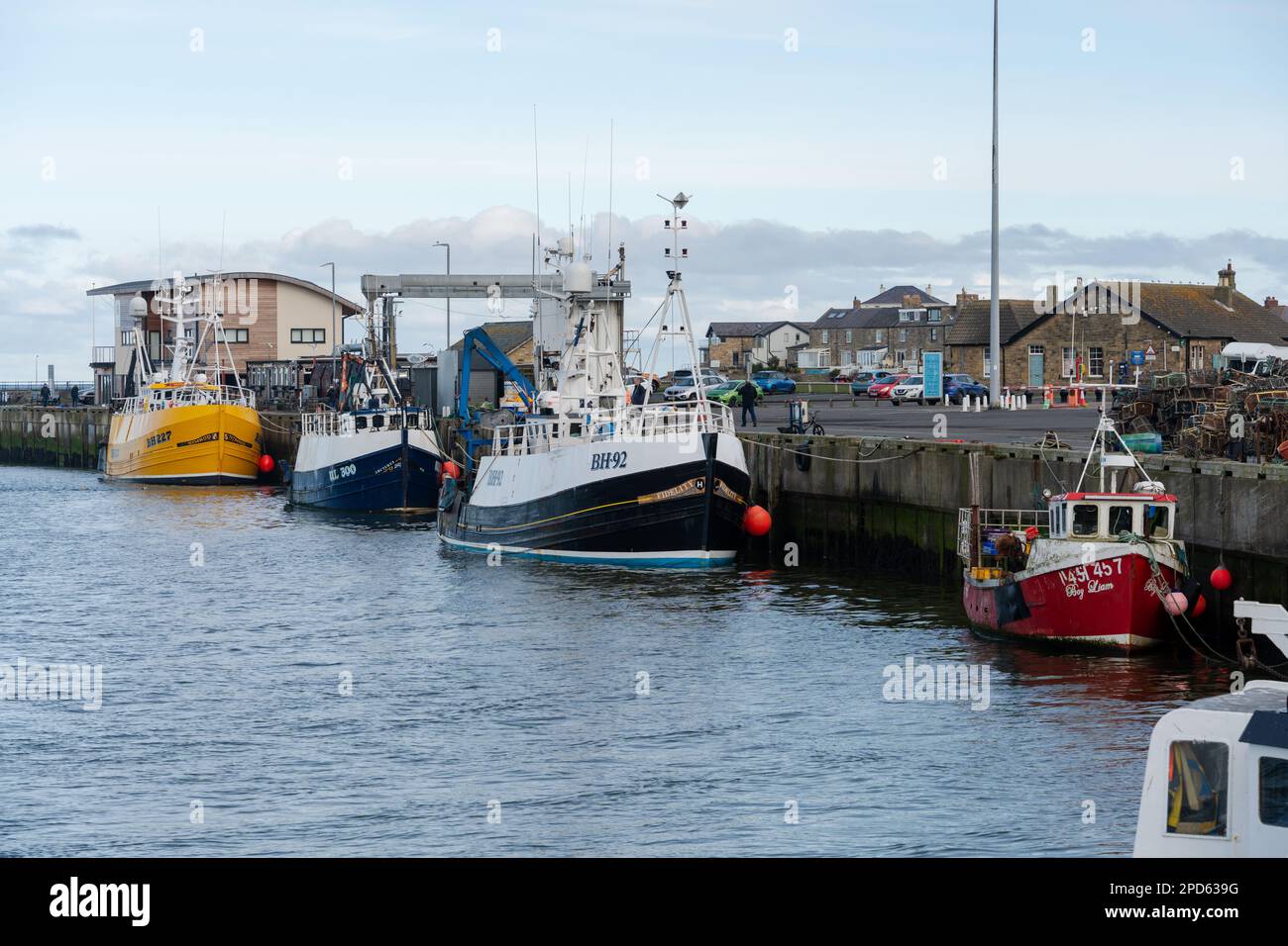 Am Hafen in der Stadt Amble, Northumberland, Großbritannien, liegen Boote vor. Stockfoto