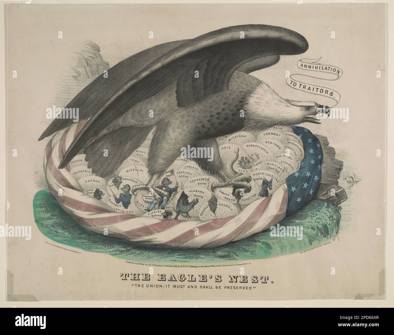 Der Adler nistet die Union! Es muss und muss bewahrt werden. Titel von item, Purchase; Philadelphia Print Shop; 2002; (DLC/PP-2002:042). Flaggen, Amerikanisch, 1860-1870, Adler, 1860-1870, Symbole, 1860-1870, Nester, 1860-1870, Propaganda, Union, 1860-1870, Usa, Geschichte, Bürgerkrieg, 1861-1865, Kommunikation. Stockfoto