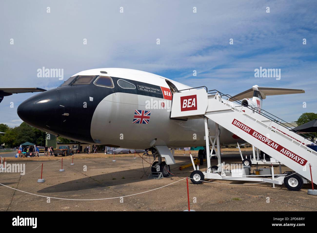 Ein Flugzeug des Typs Hawker Siddeley HS 121 Trident 2E in British European Airways in statischer Anzeige im Imperial war Museum Duxford, Cambridgeshire, Großbritannien. Stockfoto