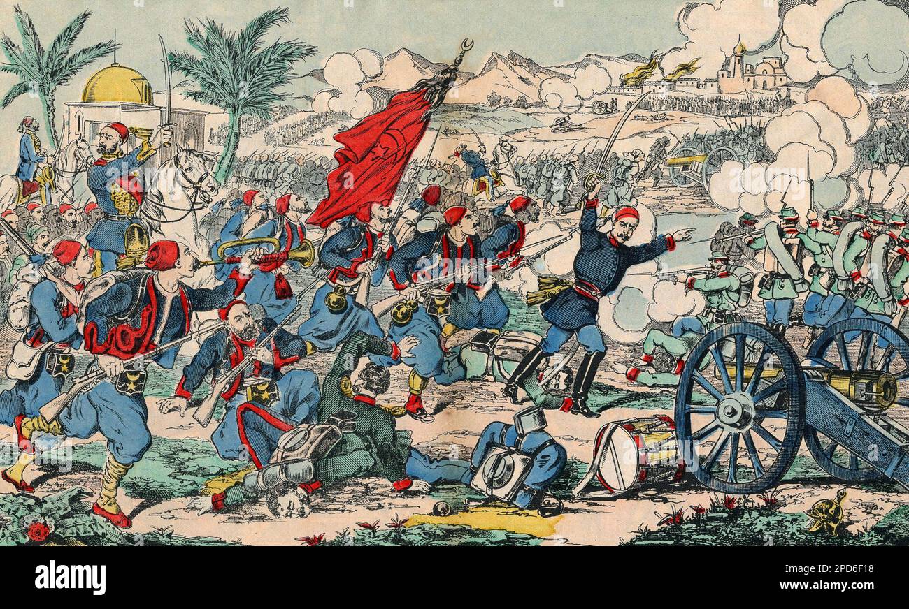 Bataille d'Eski-Djouma (Eski Djouma) lors de la campagne de Grece (1823-1827), l'Egyptien Mehemet Ali apporte son aide aux Turcs contre la Coalition grecque, francaise, anglaise et russe. Imagerie d'Epinal, 19e Siecle. Stockfoto