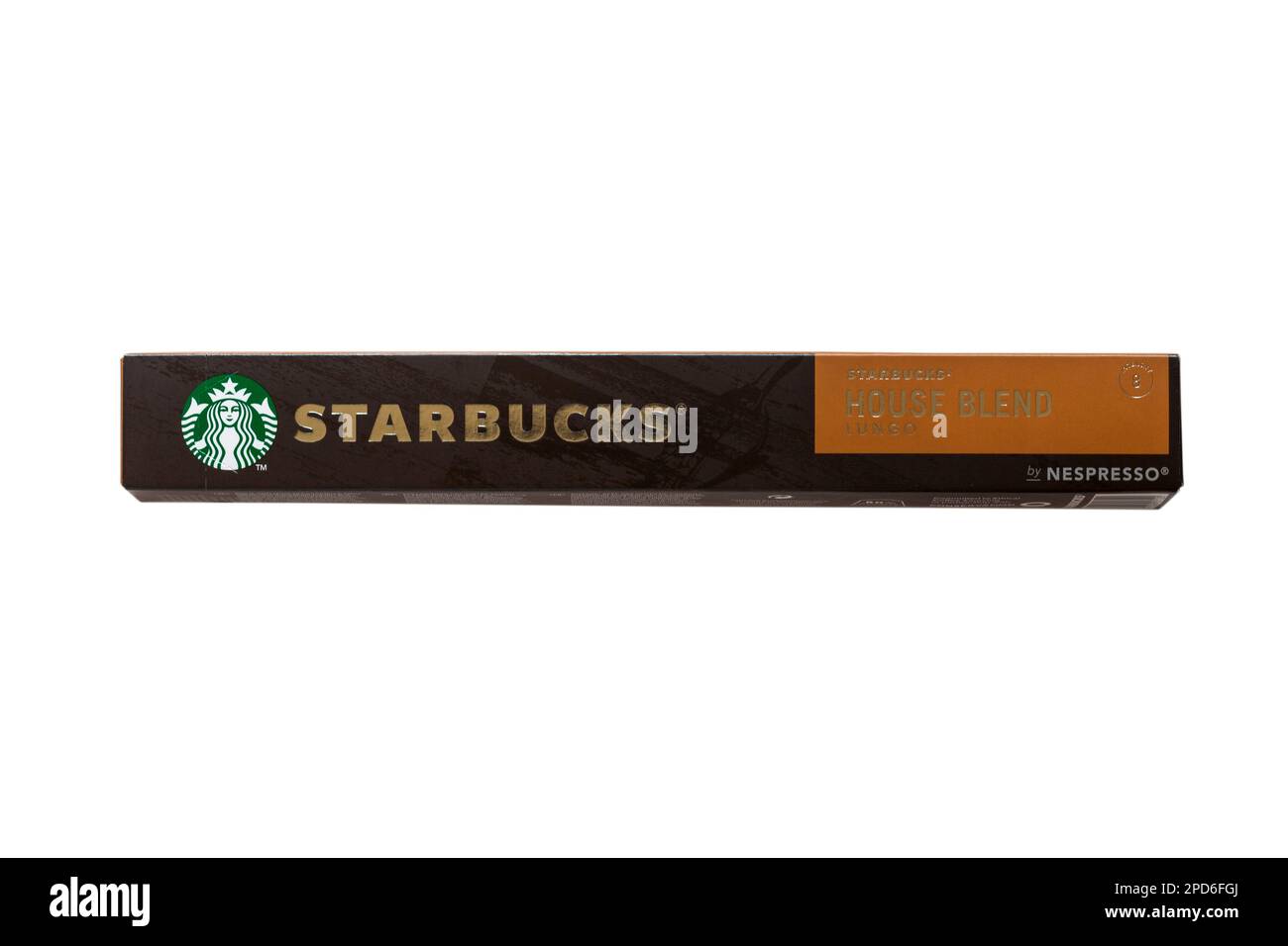 Schachtel Starbucks House Blend Lungo Kaffeekapseln mit Nespresso, isoliert auf weißem Hintergrund Stockfoto
