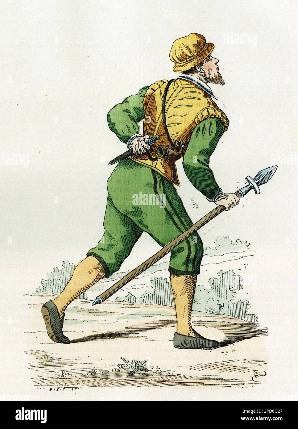 Kostüm de Veneur, Charge de chasser les chiens courants, au XVIeme siecle. Gravure en Couleurs d'apres un dessin de Lechevallier- Chevignard, in 'La France et les francais a travers les siecles' par Augustin Challamel, Paris 1882. Stockfoto