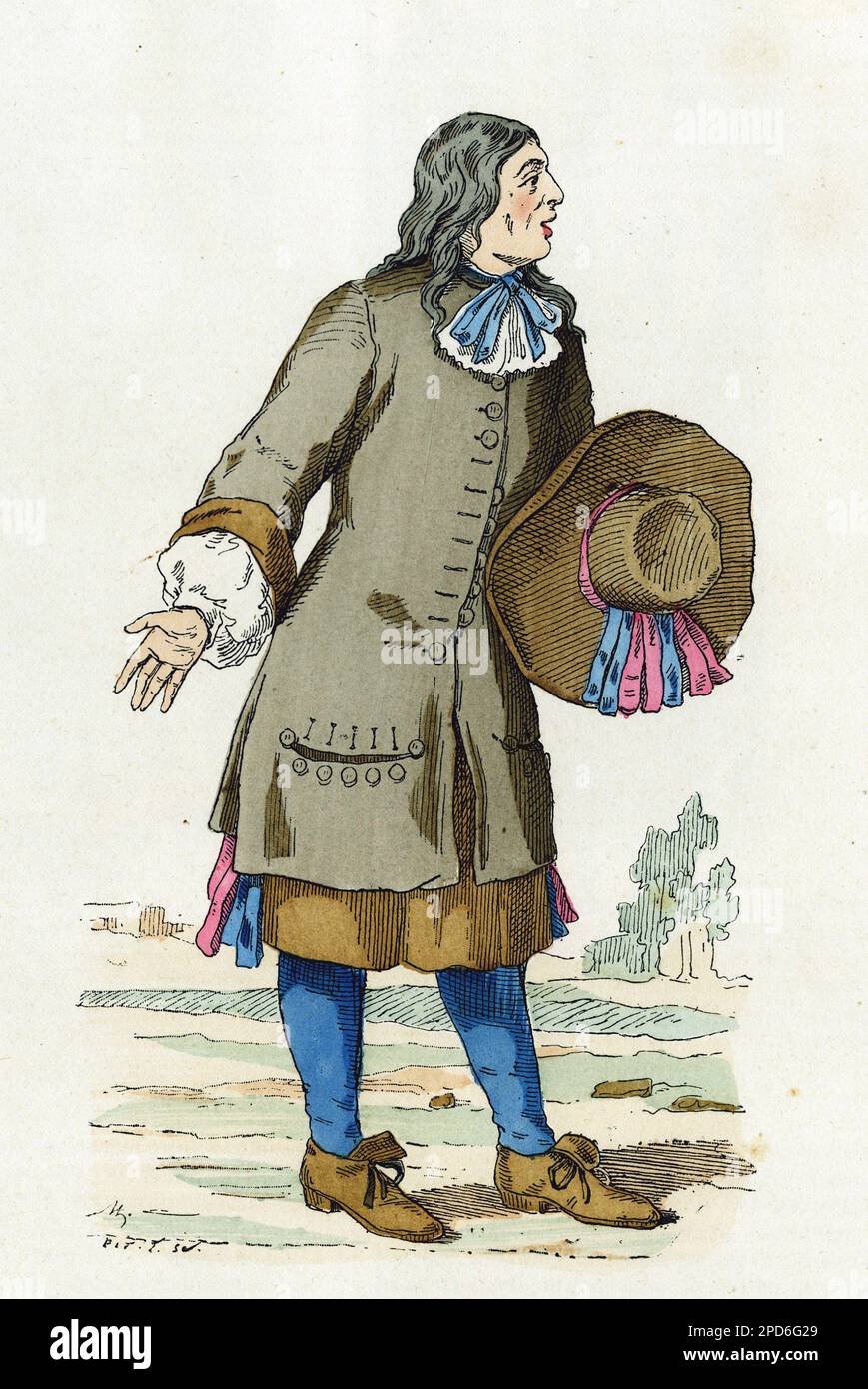 Kostüm de paysan francais au XVIIeme siecle. Gravure en Couleurs d'apres une estampe de la bibliotheque nationale, in 'La France et les francais a travers les siecles' par Augustin Challamel, Paris 1882. Stockfoto