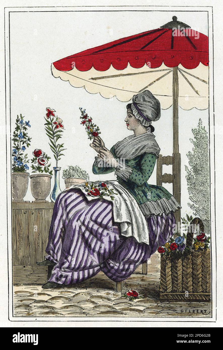 Kostüm de bouquetiere du XVIIIeme siecle. Gravure en Couleurs, in 'La France et les francais a Travers les siecles' par Augustin Challamel, Paris 1882. Stockfoto