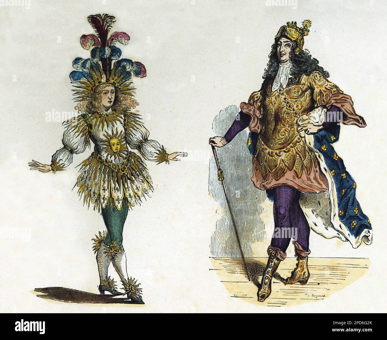 Portraits du roi Louis XIV (1638-1715), en costume de Theatre et au carrousel. Gravure en Couleurs, in 'La France et les francais a Travers les siecles' par Augustin Challamel, Paris 1882. Stockfoto