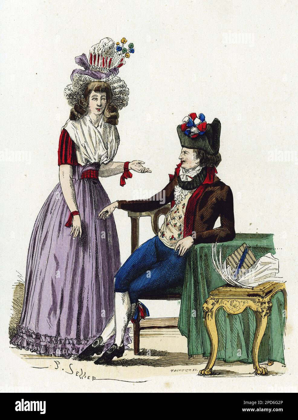 Koppeln Sie A la Mode de 1792. Gravure en Couleurs d'apres le dessin du cabinet de Harlem, in 'La France et les francais a travers les siecles' par Augustin Challamel, Paris 1882. Stockfoto