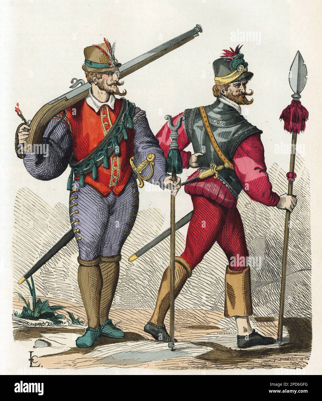Kostüme de Mousquetaire et d'officier d'infantiere, au XVIeme siecle. Gravure en Couleurs d'apres l'ouvrage de Willemin, in 'La France et les francais a travers les siecles' par Augustin Challamel, Paris 1882. Sammlung . Stockfoto