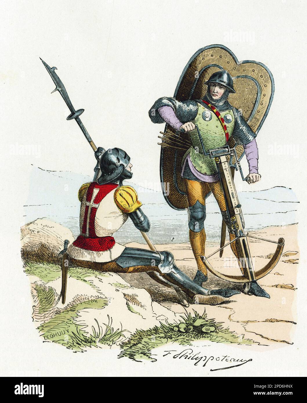 Kostüme de voulgier et crenequier, en 1400. Gravure en Couleurs, in 'La France et les francais a Travers les siecles' par Augustin Challamel, Paris 1882. Stockfoto