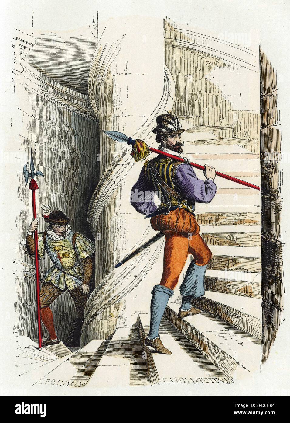 Kostüm du Garde du Corps de la prevote, suivi d'un officier des gardes ( 1574 A 1589 ). Gravure en Couleurs, in 'La France et les francais a Travers les siecles' par Augustin Challamel, Paris 1882. Stockfoto