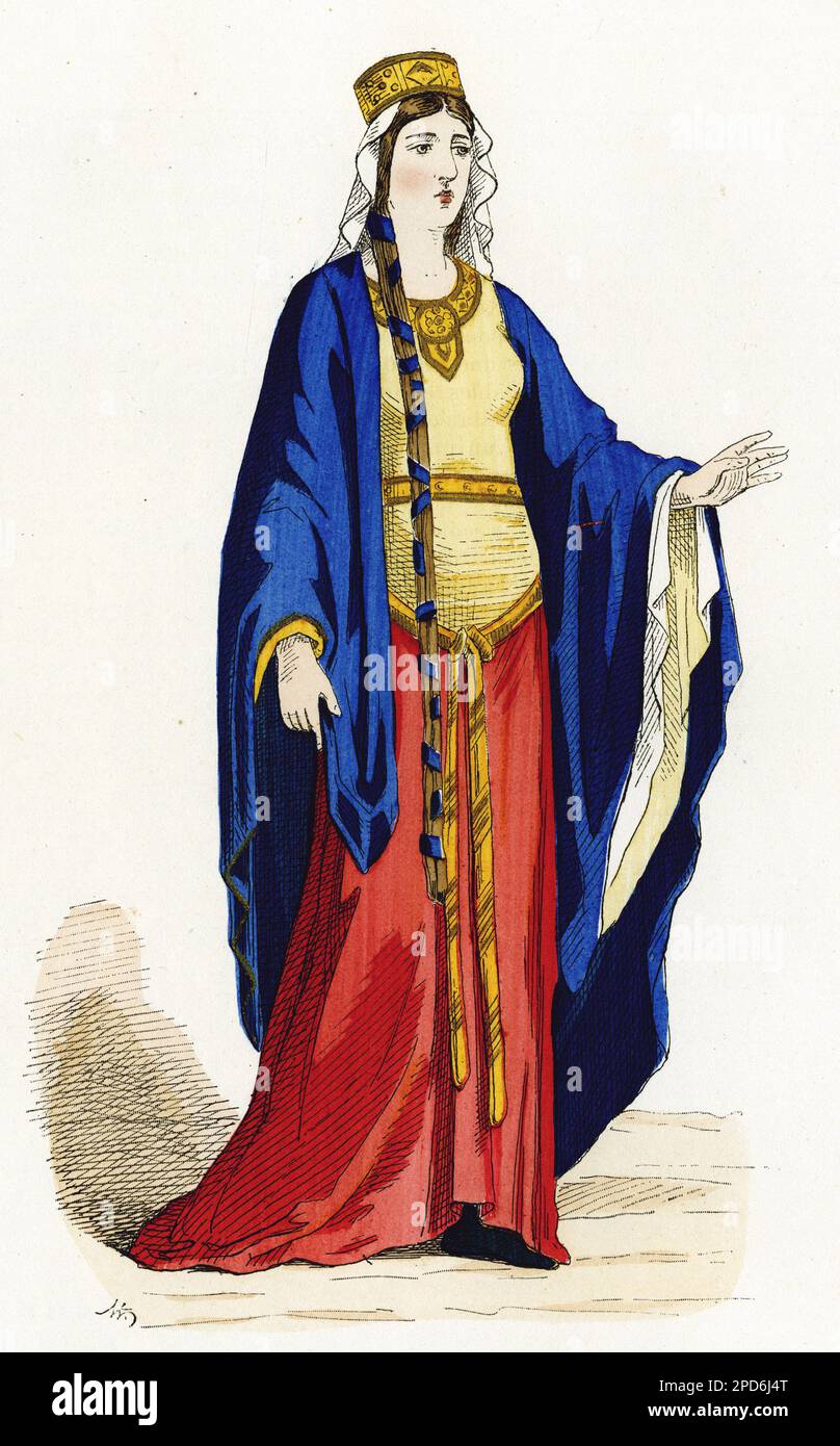 Costume de reine merovingienne du Veme au VIIIeme siecle, elle porte une couronne d'Or sur une longue chevelure lissee et tressee en une longue natte qui descend jusqu'aux genoux, sur une camisa ajustee sur les hanches, une belle ceinture brodee d'Or est nouee, Broderies identiques sur l'encolure et les larges manches, un long corset appele gipon et sur ses epaules, est jete la chlamyde. Gravure en Couleurs d'apres les sculptures de la cathedrale de Chartres, in 'La France et les francais a Travers les siecles' par Augustin Challamel, Paris 1882. Stockfoto