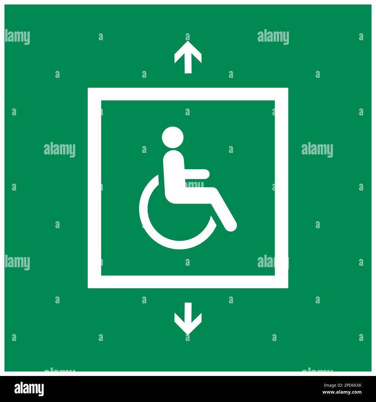 ISO 7010 Evakuierungsaufzug für Personen, die keine Treppen benutzen können Schild Stockfoto