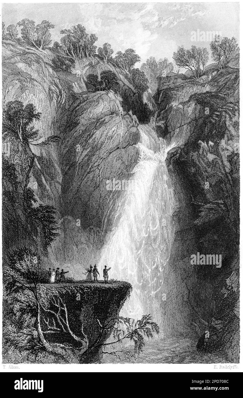 Eine Gravur des Falls of Foyers, Invernesshire, Schottland, Großbritannien, gescannt mit hoher Auflösung aus einem Buch, das 1840 gedruckt wurde. Glaubte, dass es keine Urheberrechte gibt Stockfoto
