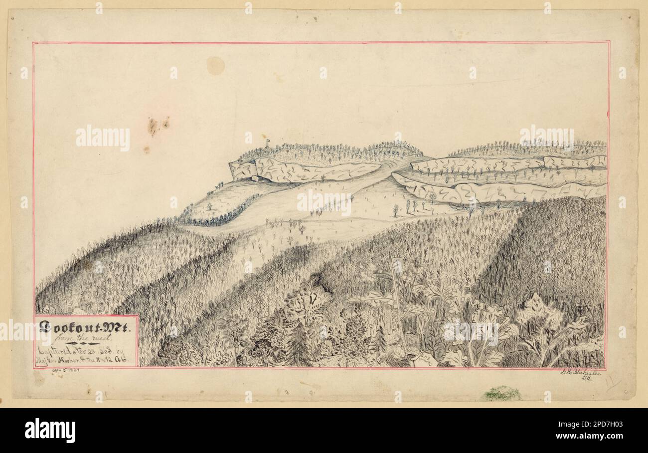 Achtung! Mt. Aus dem Westen. Gefangen Nr. 23 1863 von Generalmajor Hooker und der 11 und 12 AG? Schild unten links: G. H. Blakeslee T.E, Titel unten rechts eingraviert, unter Titel eingraviert: April 5 1864. Auf der Felsenunterseite in der Mitte eingraviert: GHB, auf Verso mit blauer Tinte beschriftet: Mina war am 1901. Mai mit Freunden und Verwandten auf diesem Berg, viele Male bei einem Besuch von Verwandten in Chattanooga Tenn, Gift, Mrs. George W. Volk, 1966 (DLC/PP-66-C9312), George H. Blakeslee diente von September 1862 bis zu seiner Entlassung wegen Invalidität im Februar 1865 mit der 129. Infanterie (Illinois). Er hat sich aus Sunbury, Illinoi, gemeldet Stockfoto