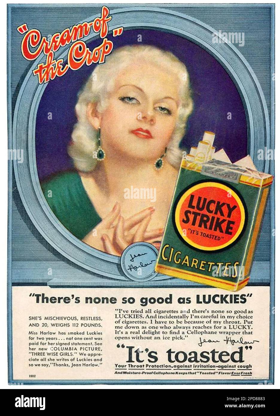 JEAN HARLOW (1911-1937) amerikanische Filmschauspielerin, die Lucky Strike Zigaretten um 1935 bewirbt Stockfoto