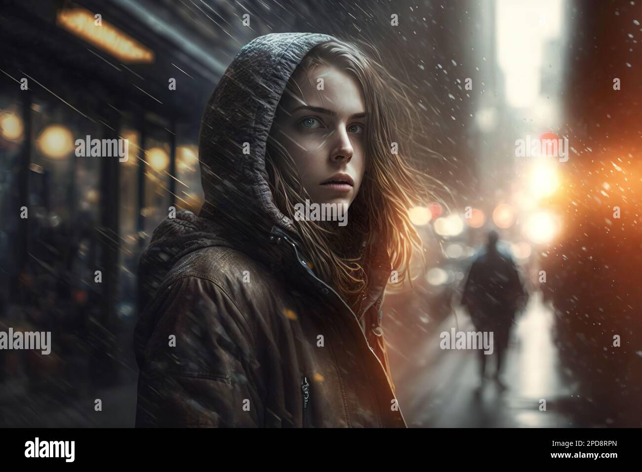 Porträt eines melancholischen Mädchens auf der Straße unter dem Regen. Composite mit verschiedenen Elementen, die mit generativer KI erstellt wurden Stockfoto