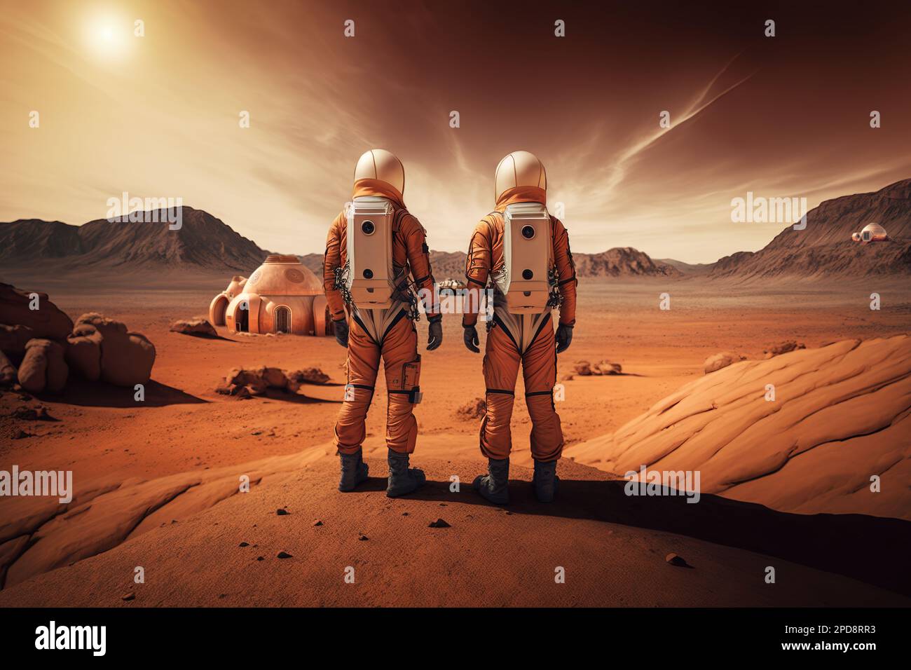 Rückansicht von zwei Astronauten im Space-Anzug auf dem Mars mit Blick auf die Basis und den Rover. Composite mit verschiedenen Elementen, die mit generativer KI erstellt wurden Stockfoto