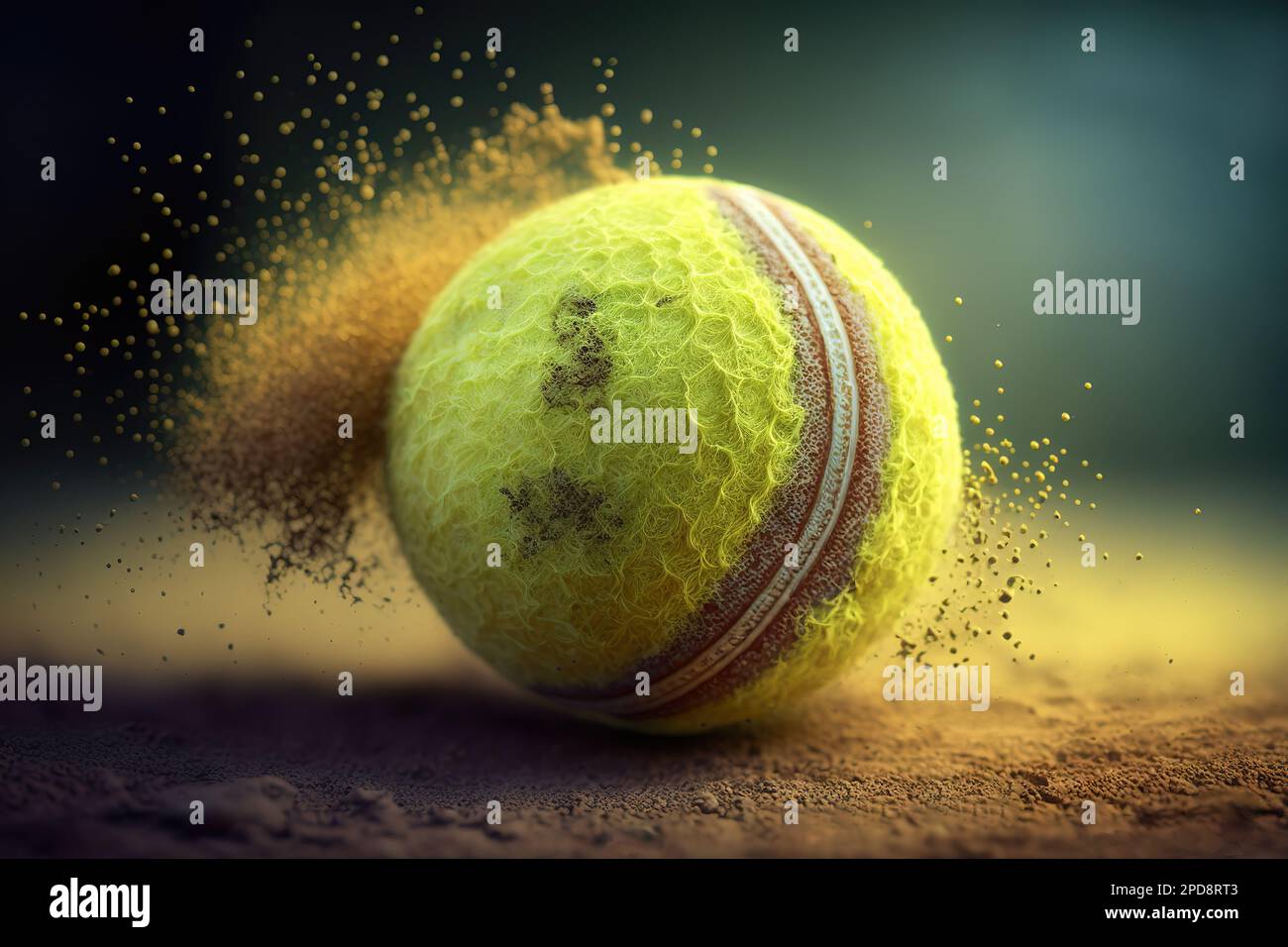 Stelle den Punkt mit einem Tennisball auf die Linie. Composite mit verschiedenen Elementen, die mit generativer KI erstellt wurden Stockfoto