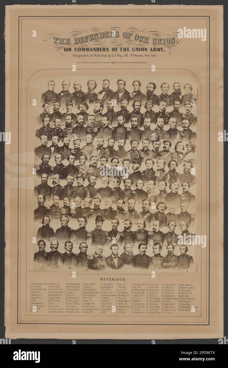 Die Verteidiger unserer Union 109 Kommandeure der Union Army / / fotografiert und veröffentlicht von C.F. Mai, 519 8. Avenue, New York. Titel von Posten, Offiziersnamen auf dem Berg: Lincoln, Abraham, Prest. Der USA; Scott, Winfield; Staunton, Edwin M, Sek. Des Krieges; Anderson, Robert; Armsberg, Georg v.; Apny (New Mexico); Asboth; Baker, Edward D.; Banks, Nathaniel P.; Benham, H.W.; Berdan, H.; Blenker, Louis; Bohlen, Henry; Buell, Don Carlos; Burnside, Ambrose E.; Butterfield, Danl.; Butler, Benj. F.; McCall, Geo A.; Carr; Casey, Silas; Clay Cassius M.; McClellan, George B.; McClernand, Jn Stockfoto