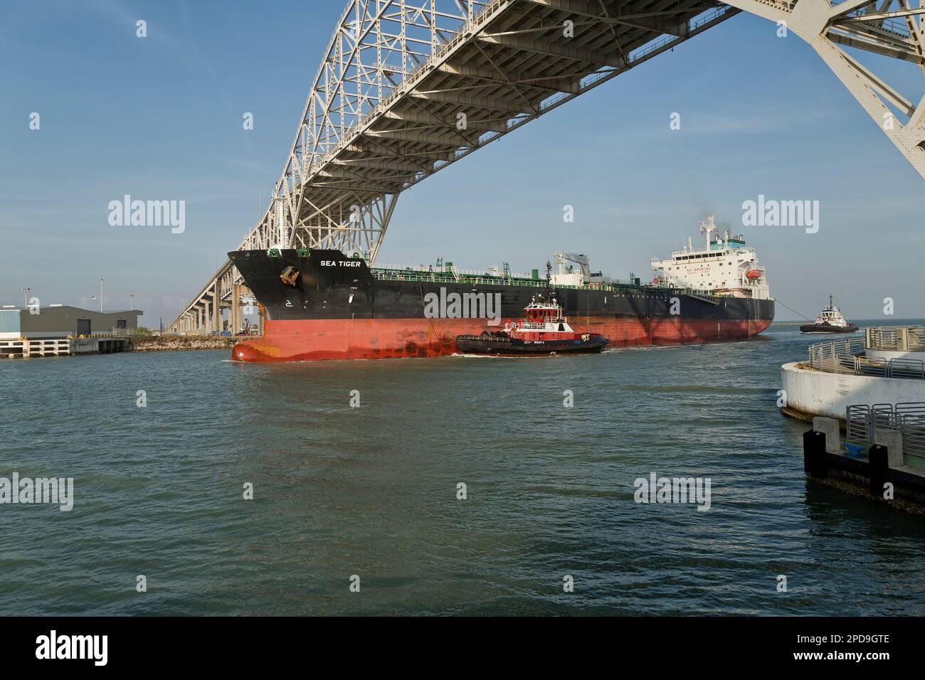 Chemikalientanker "Sea Tiger", der unter der Hafenbrücke von Corpus Christi vorbeifährt, Pilotenführung, Schleppboote unterstützen, Corpus Christi, Texas, Stockfoto