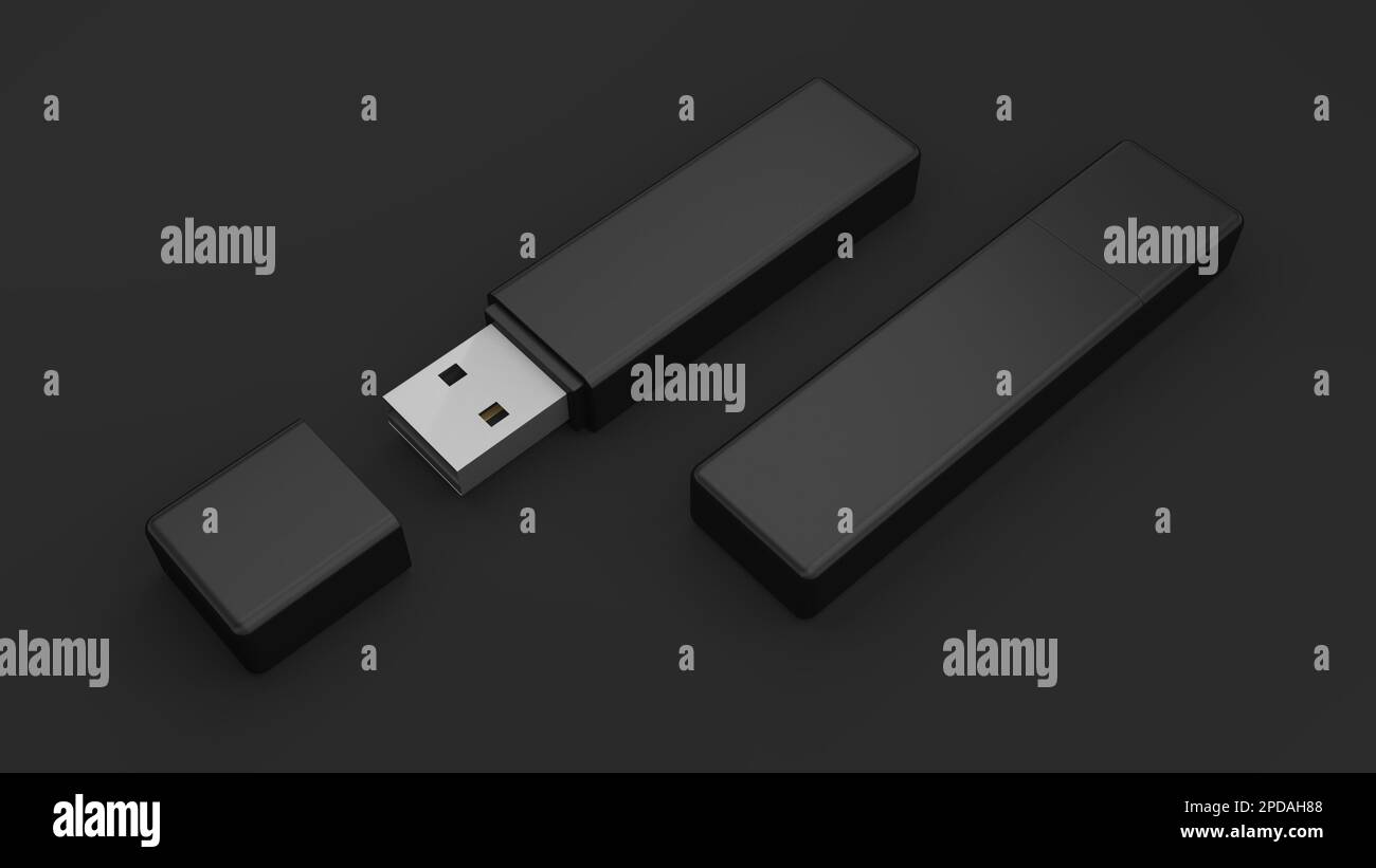 USB-Flash-Laufwerk isoliert auf schwarzem Hintergrund. Datenspeichergerät. Pen-Laufwerk. Pendrive. 3D Abbildung. Stockfoto